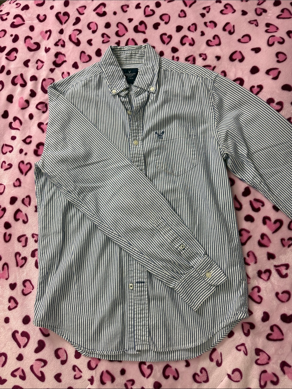 American Eagle Outfitters Men's Navy and White Striped Button-Up Shirt